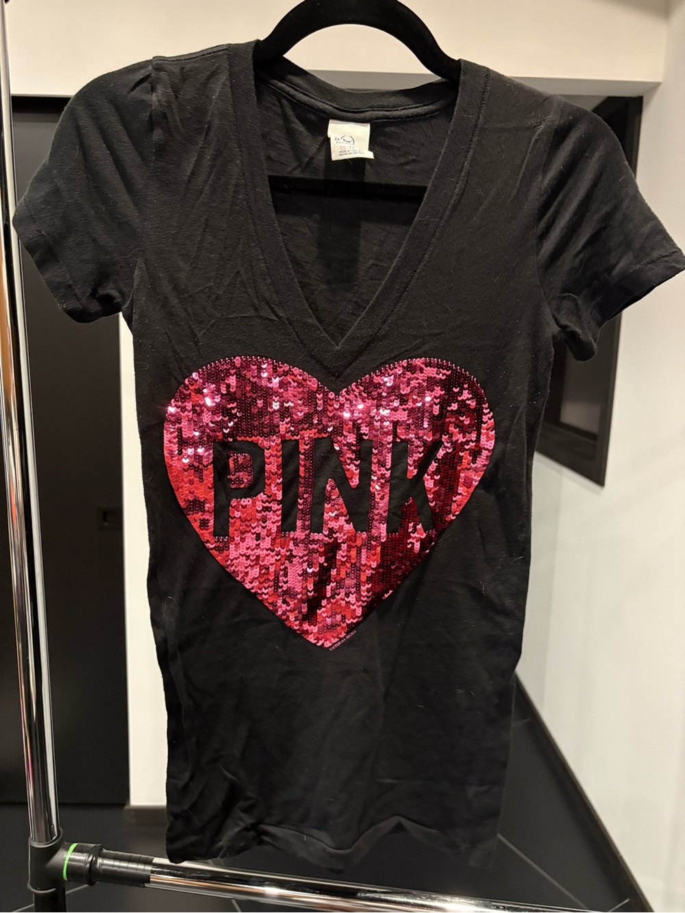PINK Victoria's Secret Black Short Sleeve V-Neck Tee with Pink Sequin Heart